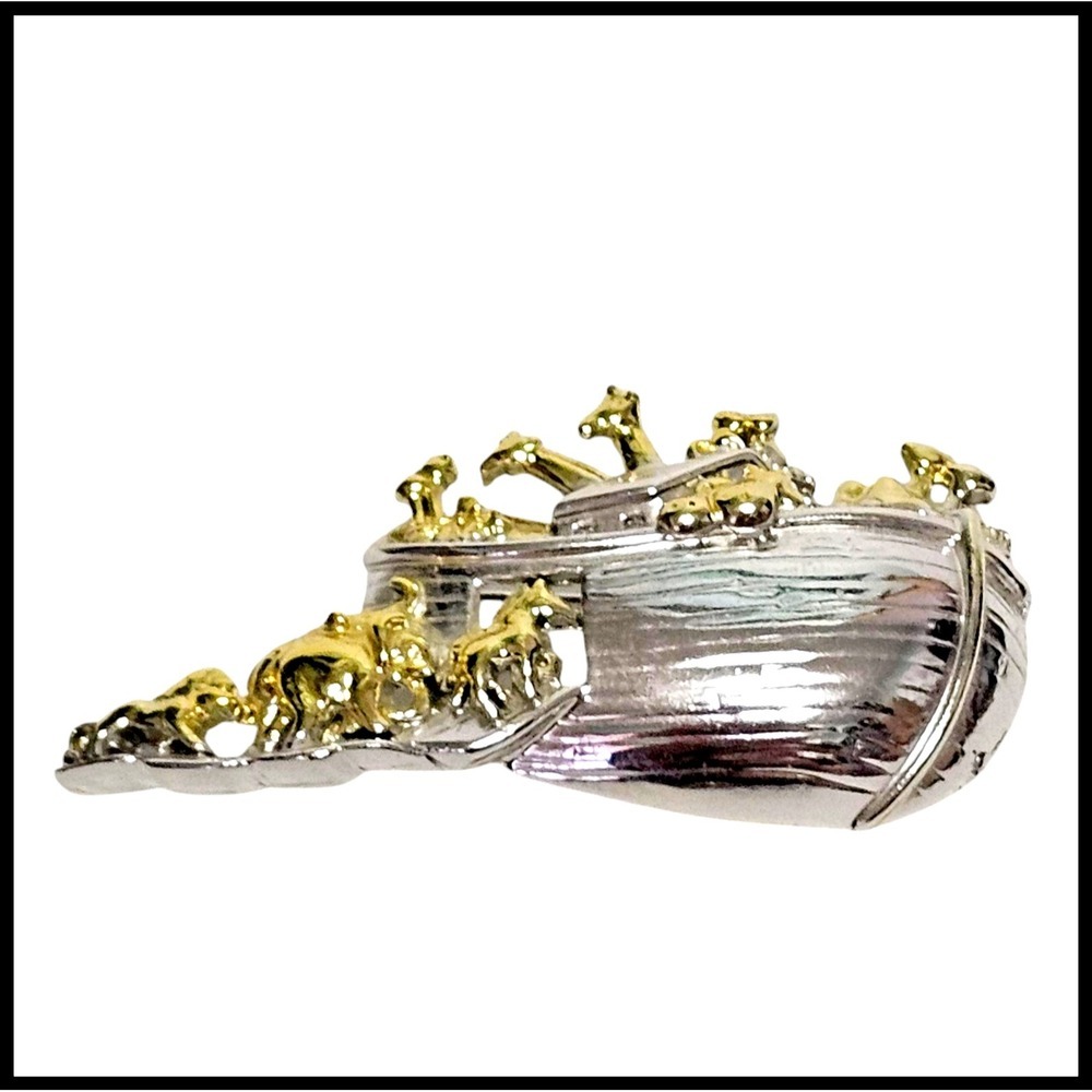 AJC Noah's Ark Pin Brooch Animals‎ Religious Gold Silver Tone Vintage